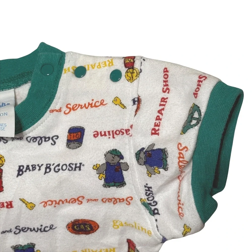 Vintage Baby B'Gosh Repair Shop Car Print Short Sleeve Bodysuit Green 3-6 Months